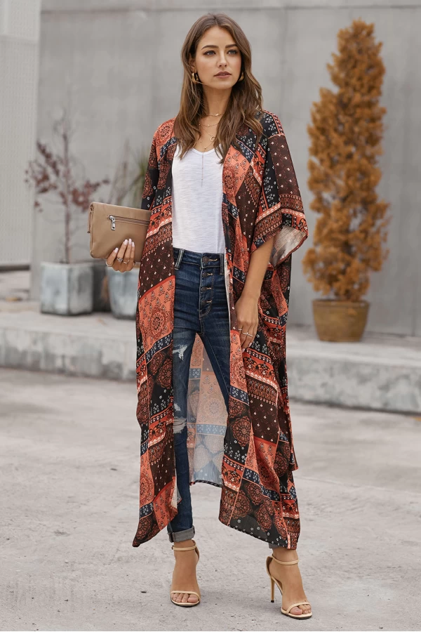 Whiskey Brown Bohemian Style Printed Midi Cover Up 